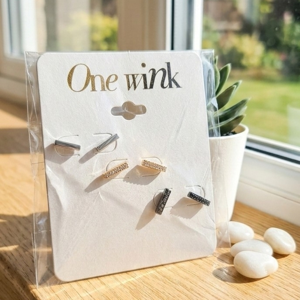 One Wink Bar Stud Earring Set | Mixed Metal Silver Gold Hematite Pave